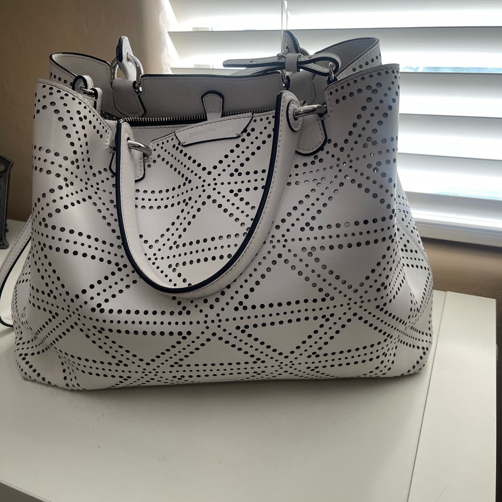 Authentic Emporio Armani White Laser Cut Medium Handbag with Silver Hardware